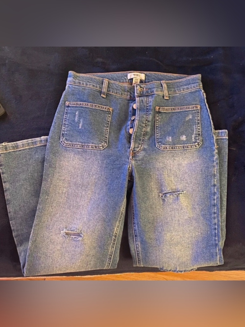 New frayed jean denim flare ankle pants fly buttons